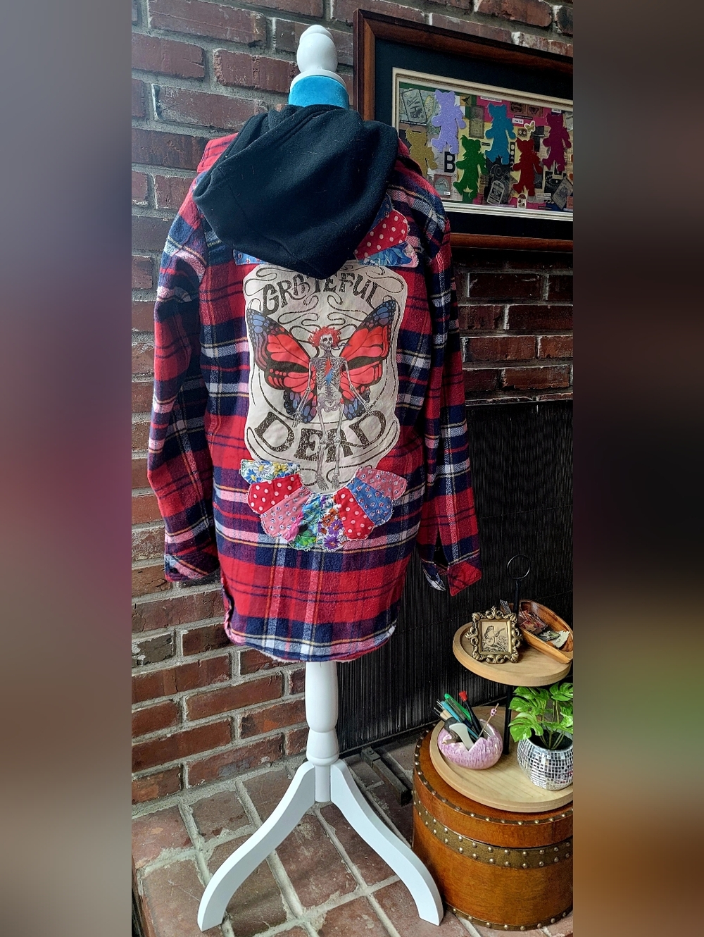 Red Plaid Sherpa-Lined Jean Jacket with Hood -